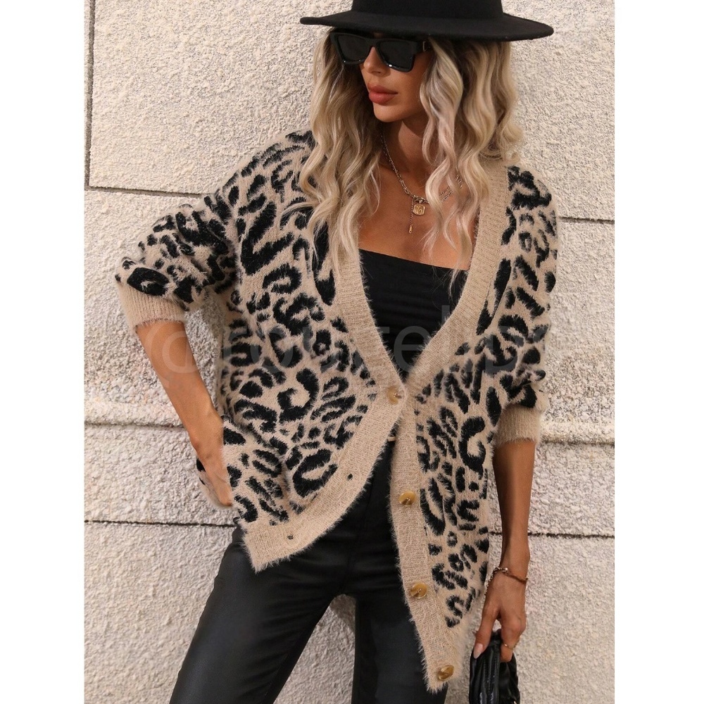 Cheetah, Animal, Leopard Fuzzy Cardigan, Button Front